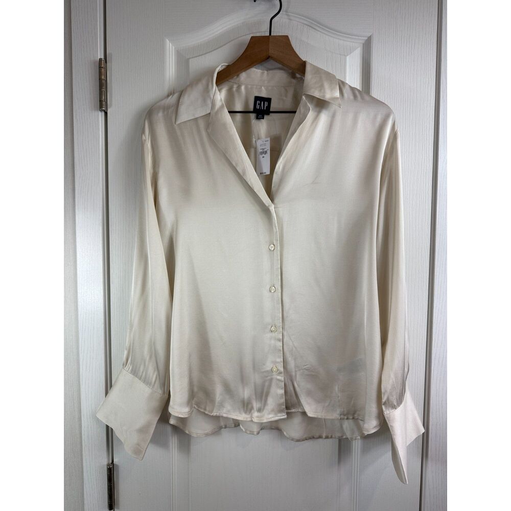 Gap Relaxed Long Sleeve Satin Button Up Shirt Blouse Chino Beige Women's XS NWT